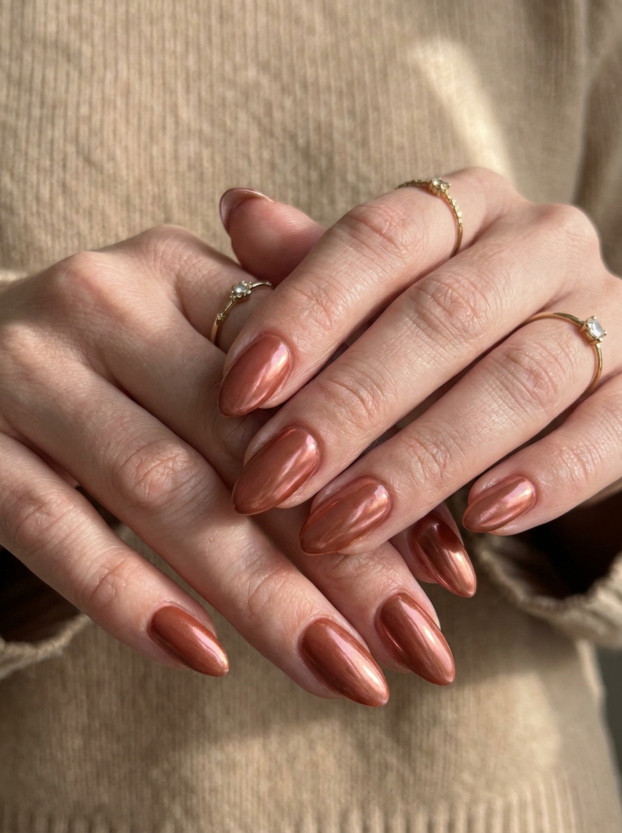 Cherry Mocha Chrome Nägel mit warmem rotbraunem Chrome-Finish